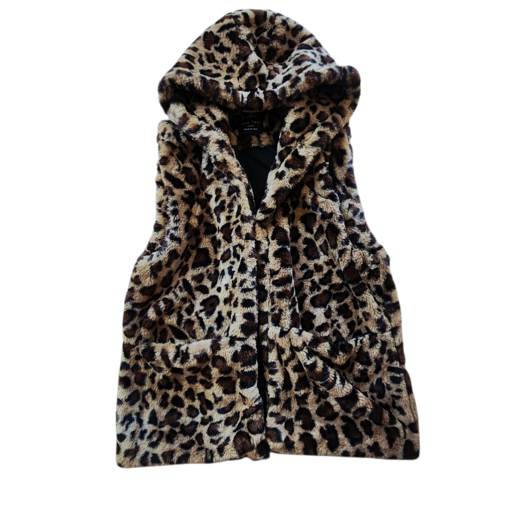 LOVE TREE Leopard Print Faux Fur Vest Hoodie Large Y2K Grunge Indie Boho Vintage